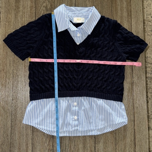 Maeve Anthropology Cable Short Sleeve Twofer Sweater Navy - Picture 12 of 14